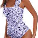 Ekouaer Women's One Piece Swimsuits Square Neck Tummy Control Bathing Suit with Adjustable Ruffled Straps Swimwear Size L