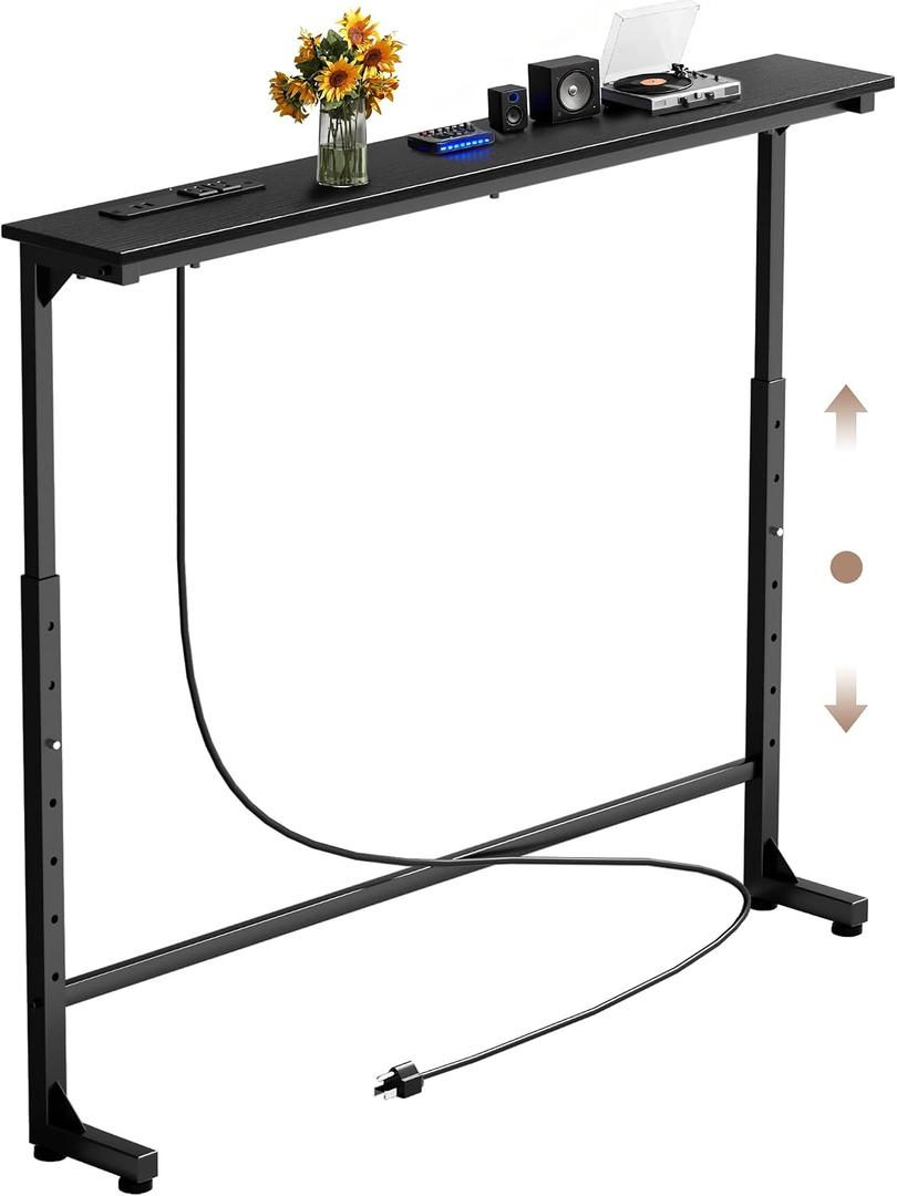 Keelian 39 inch Narrow Console Table with Outlet,Adjustable Height(25"-37") Behind Sofa Table,Couch Behind Table Skinny,Couch Shelf with Charging Station,Long Entryway Tables for Living Room,Black