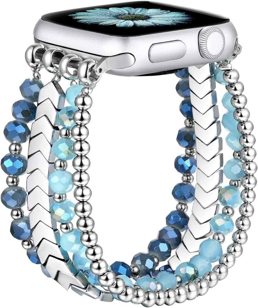 fastgo Bracelet Band Beaded Compatible with Apple Watch 38mm 40mm 41mm 42mm 44mm 45mm 49mm Women, Fashion Elastic Stretch Strap Bands for Iwatch SE & Series 9 Ultra 8 7 6 5 4 3 2 1(Blue/Silver,S/M)