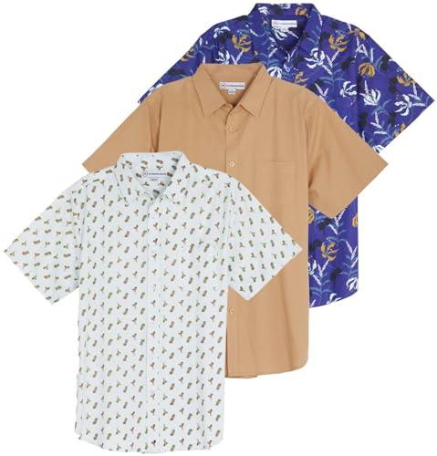 3 Pack: Mens Poplin Big and Tall Button Down Up Short Sleeve Dress Shirts Summer Casual Oxford Collared Untucked Cotton No Tuck Camisa De Vestir para Hombre Business Wrinkle Free Slim Fit Lightweight 5XT