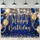 Riyidecor Blue Gold Happy Birthday Backdrop Royal Navy Balloon Golden Dot Diamond Sparkle 8Wx6H Feet Polyester Fabric Cool Bday Photography Background Men Boys Table Decor Banner Studio Photo Shoot