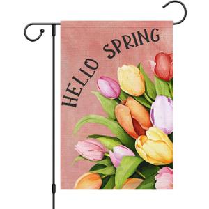 Louise Maelys Welcome Spring Garden Flag 12x18 Double Sided Vertical, Burlap Small Tulip Flower Yard House Outside Outdoor House Hello Summer Seasonal Decoration