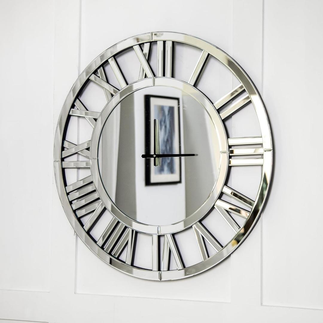 SHYFOY 18-Inch Acrylic Mirrored Wall Clock - Roman Numeral Skeleton Design - Large Decorative Clock - Modern Home Decor -Elegant Timepiece for Living Room, Bedroom, and Office (18inches)