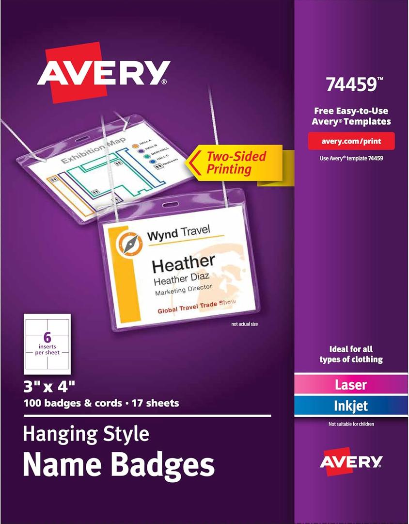 Avery Customizable Name Badges, 3" x 4", Laser/Inkjet Printable Inserts, 100 Name Tag Holders with Cords (74459)