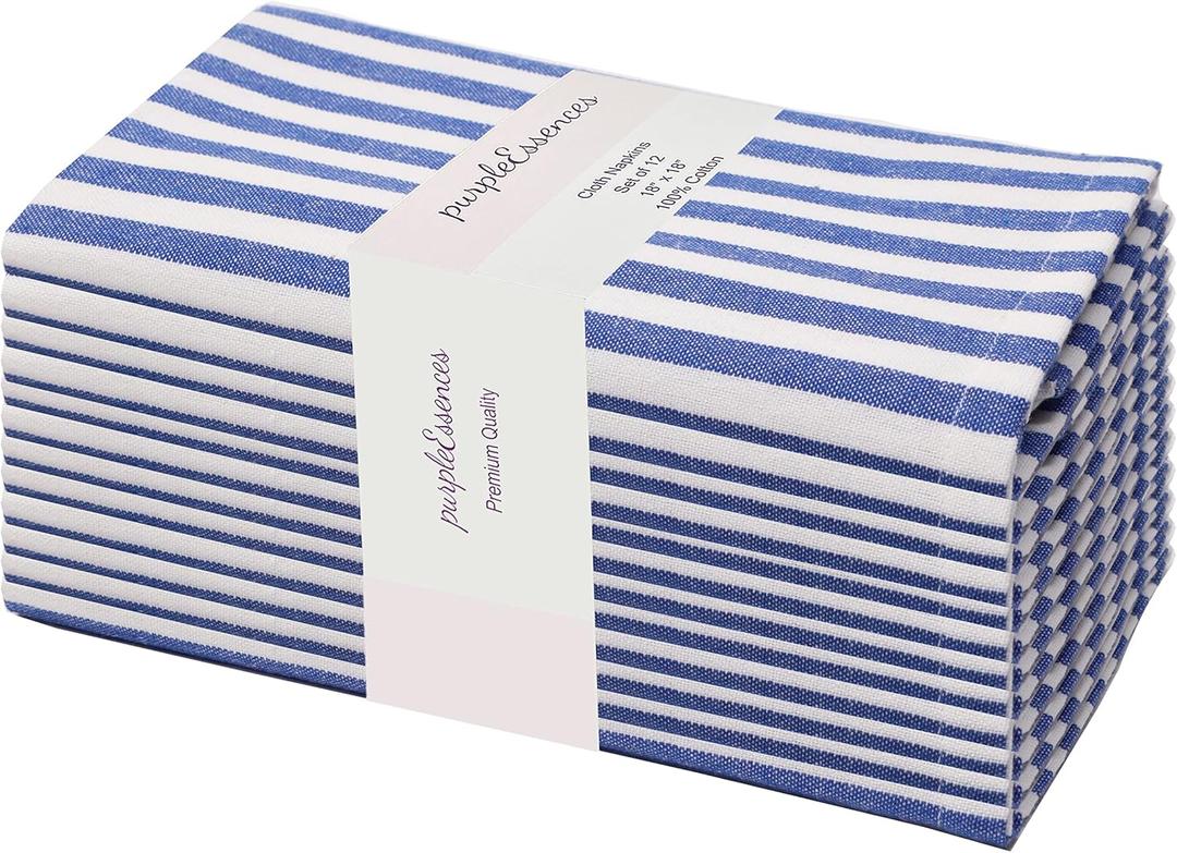 PurpleEssences Plain Striped Cloth Napkins - Set of 12-100% Cotton - 18 x 18 Inch - Spring Summer Easter - Perfect Everyday Use Dinner Napkin - Blue and White
