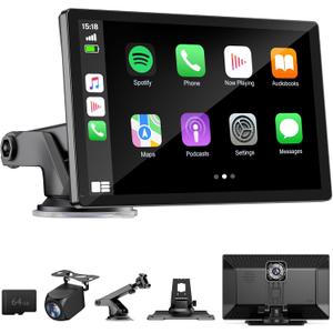 9" Wireless Apple Carplay Screen for Car with 4K Dash Cam, Portable Apple Carplay & Android Auto with 1080p Backup Camera DVR, Voice Control/GPS Navigation/Mirror Link/BT