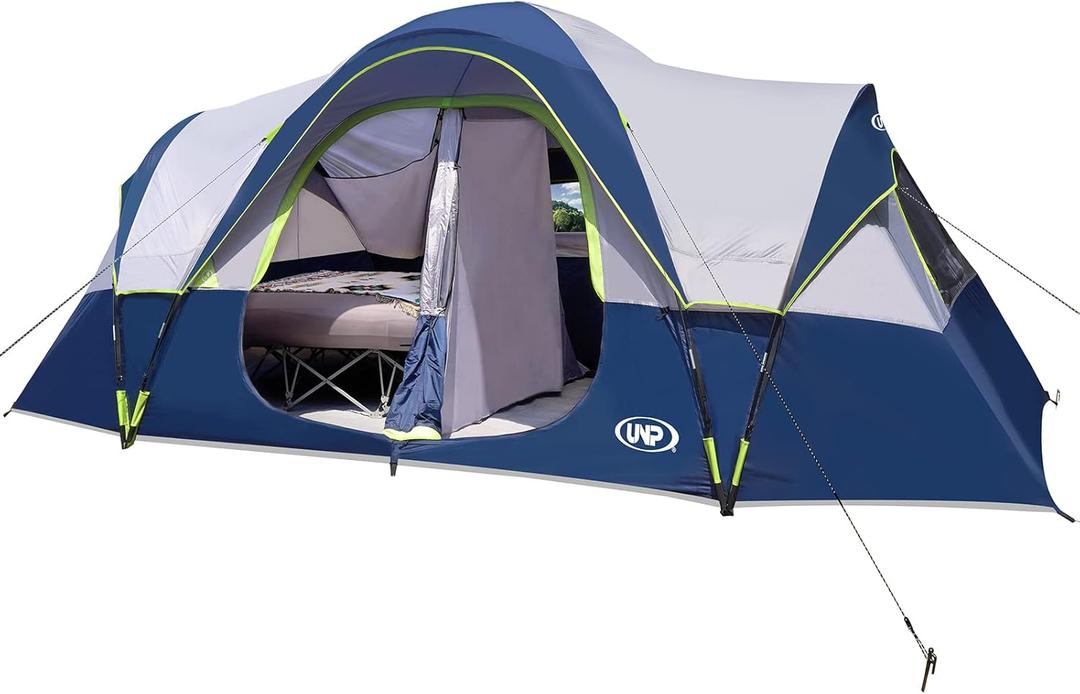 UNP 10 Person Tents for Camping Family Outdoor Camping Tent | 2 Rooms with Rainfly, Waterproof 5 Large Mesh Windows Size 18ft x 9ft x78in Navy Blue
