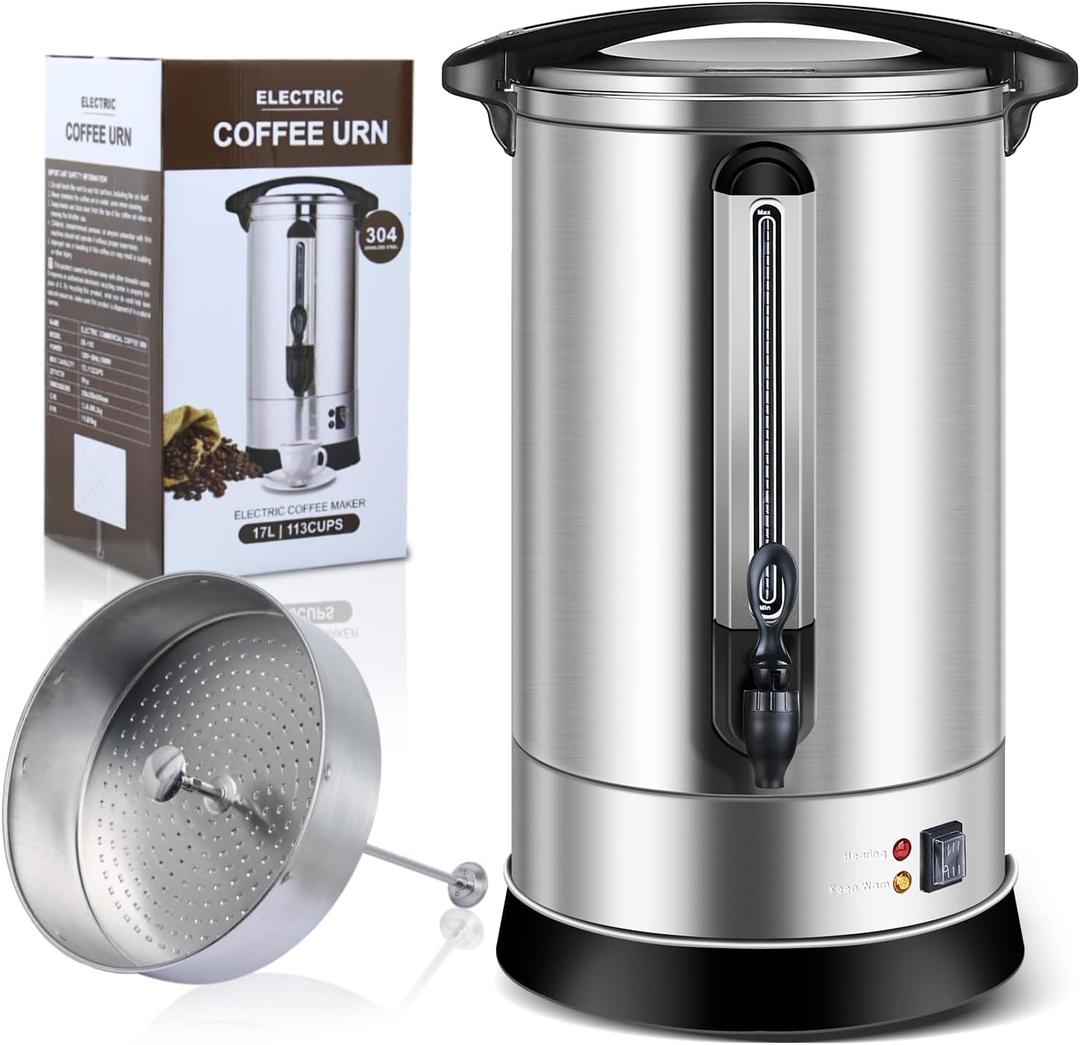 Coffee Urn 17L Large Coffee Dispenser with Internal Stage 113 Cups Full Stainless Steel Commercial Coffee Maker Double Wall Quick Brew Electric Beverage Dispenser Hot Water Urn (Silver)