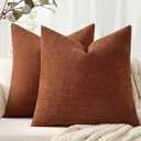 ANRODUO Pack of 2 Decorative Textured Throw Pillow Covers Soft Dark Rust Euro Square Accent Solid Chenille Cushion Cover Cozy Farmhouse Pillow Case for Couch Sofa Bed Living Room Home Decor 22x22 Inch