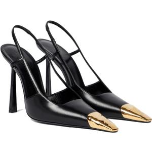 THESHY Womens Slingback High Heels Metal Pointed Toe Leather High Stiletto Heel Pumps Slip on Elastic Strap Fashion Dress Shoes for Women