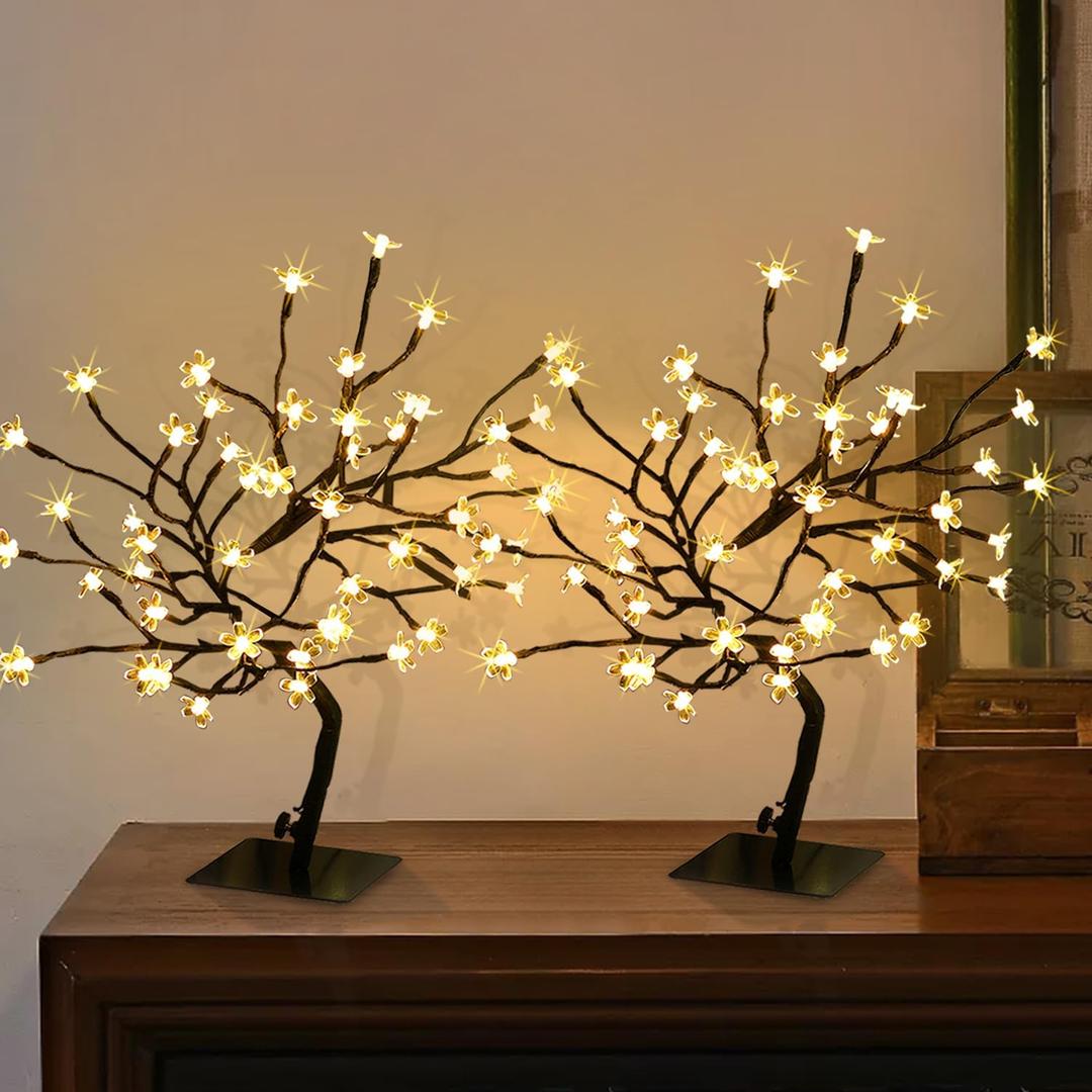 LightsUp Set of 2 Cherry Blossom Tree Lights, 16.2" H Artificial Bonsai Tree with 48 Warm White LED, Prelit Cherry Blossom Lamp for Christmas Home Tabletop Bedroom Holiday Decoration