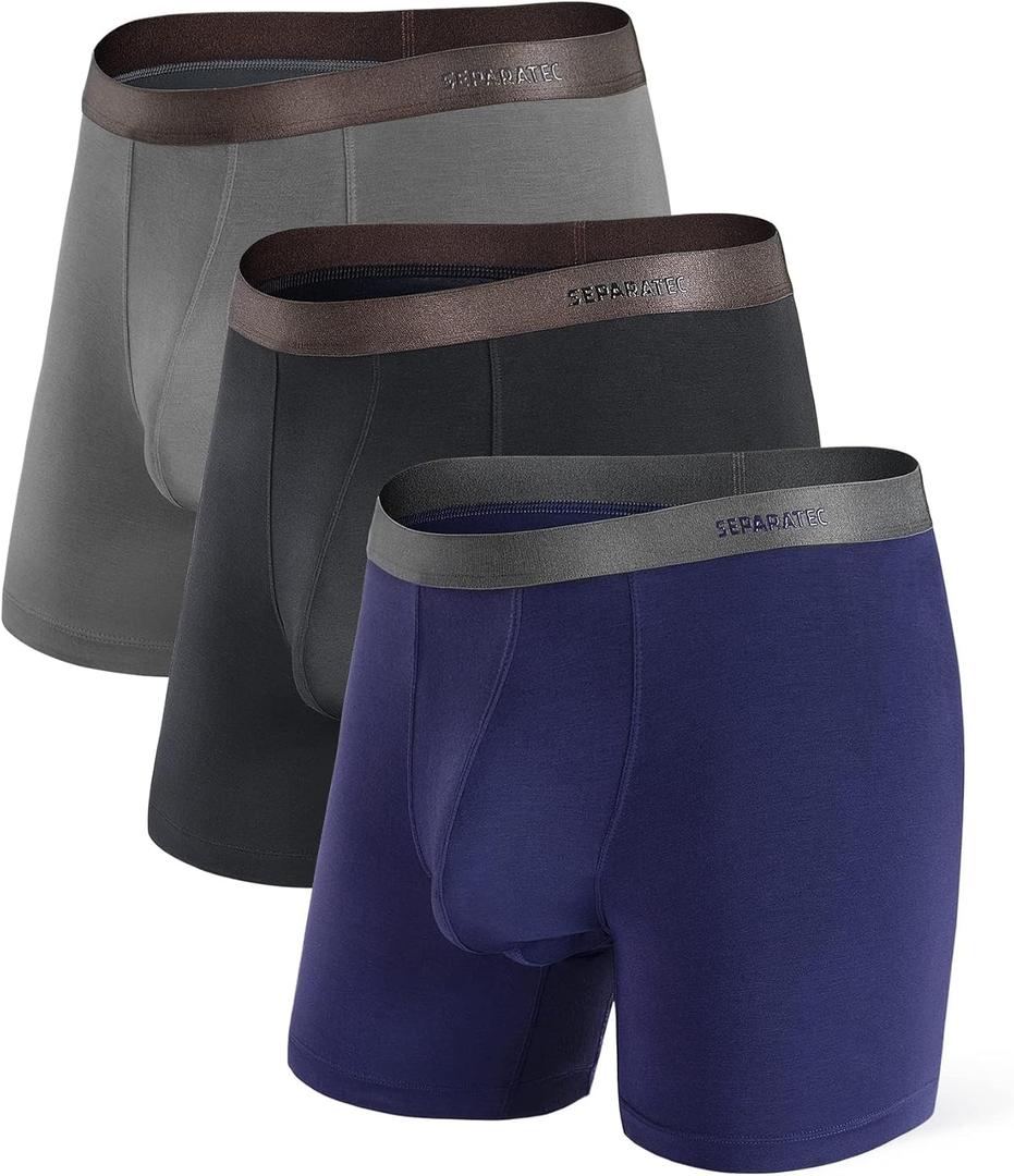 Separatec Mens Underwear with Pouch Moisture Wicking Rayon Made From Bamboo Underwear Men Breathable Boxer Briefs 3 or 6 Pack (Large, Regular Support Pouch - A1 - Black/Dark Gray/Navy Blue - 3 Pack)
