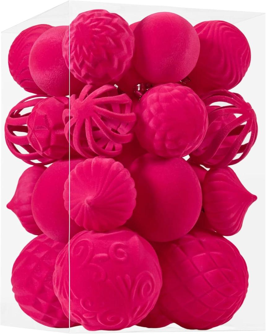 30pcs Velvet Christmas Ball Ornaments, Flocked Shatterproof Christmas Ornaments Hanging Xmas Tree Decorations Set for Home Party Holiday Decor (Multi-Size, Fuchsia Pink)
