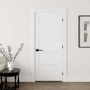 JUBEST 32"x80" Left-Hand Prehung Interior Door with Knock Down Jamb Kit & Matte Black Hinges, 5-Panel White Primed Hollow Core Molded Door Slab with Bore & Hinge Cutout, Durable & Sturdy, No Handle