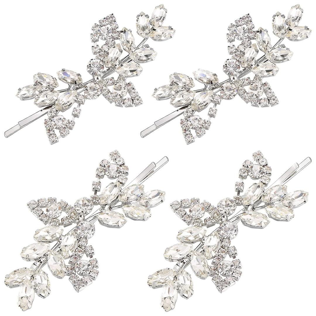 Waydress 4 Pcs Rhinestone Hair Clip Wedding Bridal Hair Barrette Decorative Leaf Crystal Side Hairpin Accessories for Women(Rhinestone Style,Silver)