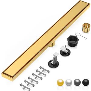 DLONE Linear Shower Drain | 48" AISI 304 Stainless Steel Linear Drain, Brushed Gold Shower Drain with Tile Insert Panel & Adjustable Feet, Long Rectangle Shower Floor Drain in Bathroom, Balcony, etc, Brushed Gold, 48 Inch