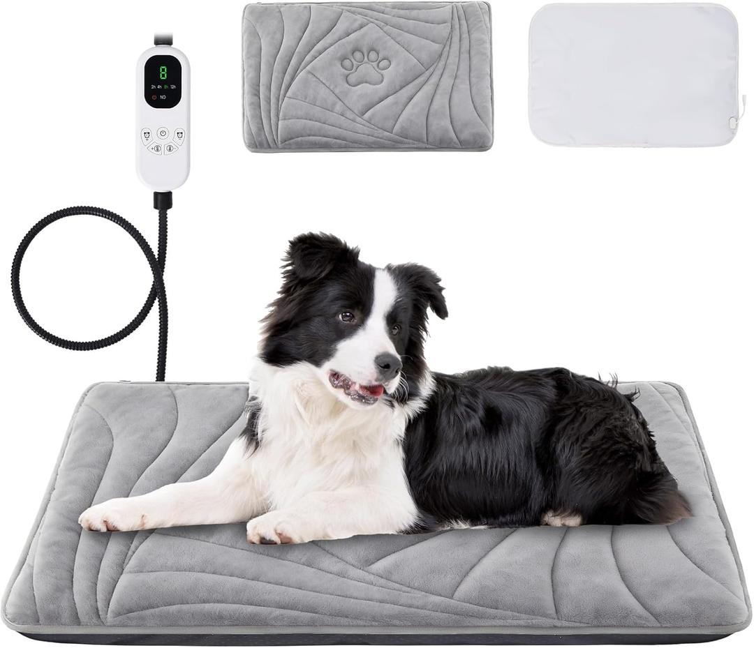 Large Dog Heating Pad with Washable Cover, Soft Plush Pet Heating Pad with 9 Adjustable Temperature, Timer, Chew-Resistant Cord, Waterproof Electric Heated Pet Bed Mat for Dogs and Multi-Cats (L: 35'' x 24'', Grey)