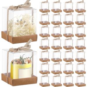 Cunno 36 Set 3.5 x 3.5 x 4.3 in Candle Package Transparent Gift Box 4-18 oz Handmade Tealight Candle Holder Bulk Paper Bottom Ribbon for Wedding Baby Shower Party Mug Cake Wine Glasses(Kraft Color)