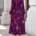 ZESICA Women's Floral Long Sleeve Midi Dresses 2026 Fall Boho V Neck Belted High Wasit Flowy Wedding Cocktail Party Dress (Purple, M)