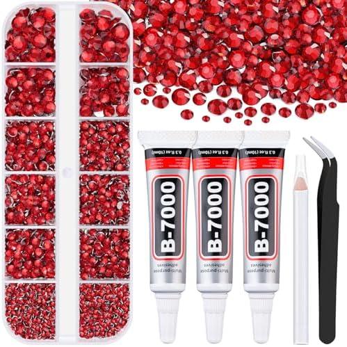 Resin Rhinestones for Crafting with B7000 Jewelry Glue, 1 Box Red Flatback Crystals with 3Pcs 10ml Glue for Bedazzling Crafts DIY Nail Art Makeup，Non Hotfix Gems for Clothing Shoes