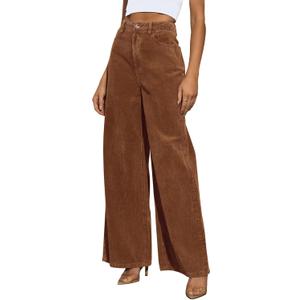 Corduroy High Waisted Wide Leg Pants for Women Dress Pants,Elastic Waist Casual Corduroy Straight Trousers (Brown, S)