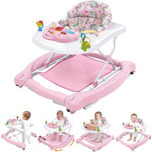Foldable Baby 5-in-1 Activity Walker - Rocker, Activity Center, Bouncer, Seat Walker, Push Walker - Adjustable Speed Rear Wheels and Height Toys Ages 6-18 Months(Pink)