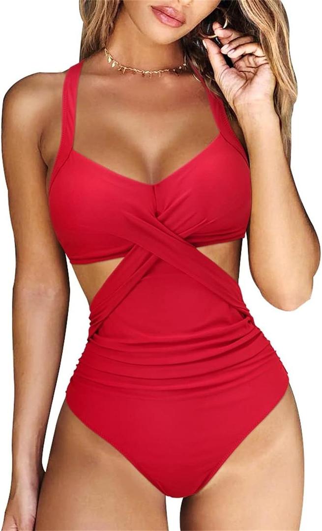 RXRXCOCO Women Front Cross CutOut One Piece Swimsuit Tummy Control High Waisted Monokini Bathing Suit (13 Red), XL