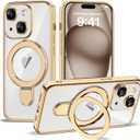 Compatible with iPhone 15 Case with Invisible Magnetic Ring Stand [Compatible with Mag-Safe] [Full Camera Lens Protector] Plating Clear Phone Case for iPhone 15 6.1", Gold