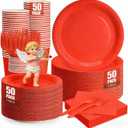 250Pcs Red Paper Plates and Napkins Party Supplies Include 9’’Disposable Red Party Plate, 7’’Dessert Plates Cups Napkins Forks Sets for Birthdays, Weddings, Graduations, Valentines, Serves 50, 50SET