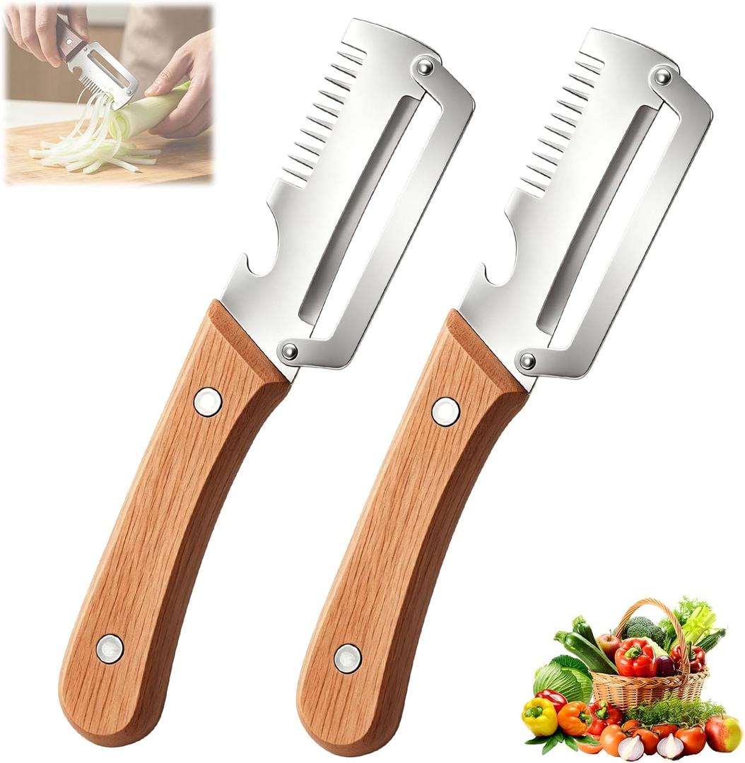 2Pcs Multifunctional Vegetable Peeler,Zero Snag Wooden Peeler,Zero Snag Wooden Kitchen Tool with Bottle Opener,3 in 1 Kitchen Gadgets Stainless Steel Peelers for Fruit Veggie