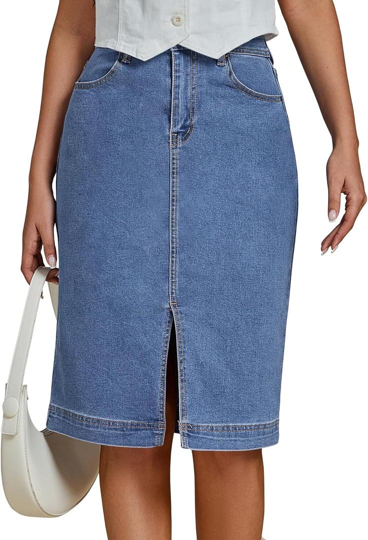 luvamia Jean Skirts for Women Denim Trendy Summer Casual Stretchy High Waisted Midi Below Knee Pencil Skirt with Slit (X-Large, Medium Blue)