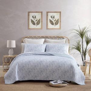 Tommy Bahama - King Quilt Set, Reversible Cotton Bedding with Matching Sham, Coastal Bedding Set with Textured Reverse (Distressed Water Leaves Blue, King) (Blue/White)