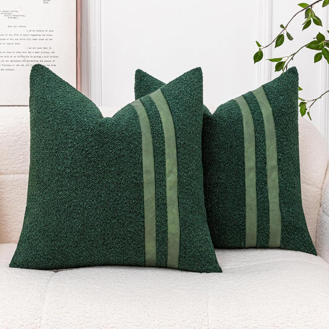 Pack of 2 Dark Green Throw Pillow Covers 18x18 Textured Boucle Accent Pillow Cases with Faux Leather Striped Square Cushion Cover for Bed Couch Sofa Living Room Home Decor