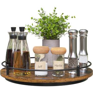 KOKSTOP Lazy Susan Organizer：12 Inch 360 Degree Rotating Spice Rack for Kitchen Countertop Round Lazy Susan Wood Turntable Holder for Cabinet Table– Black
