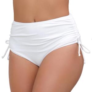 Women's High Waisted Full Coverage Cheeky Bikini Bottoms Tummy Control Adjustable Dtawstring Swim Bottoms (XX-Large, White1)