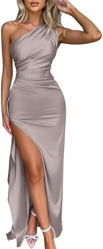 Memoriesea Women's Sexy One Shoulder High Split Cocktail Wedding Party Maxi Dress S