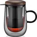 glastal Tea Infuser Mug 14.5oz Glass Tea Cup with Removable Stainless Steel Infuser and Lid, Double-walled Black Glass Tea Cup Teacup for Loose Leaf Tea, Birthday for Parents Dad Mum Friends Office (Type 2 Black)