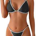 SherryDC Womens Sexy Color Block Bikini Sets High Cut Thong Two Piece Swimsuit Self-tie Bathing Suit, Size Large