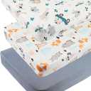 Pack n Play Sheet Stretchy Fitted Portable Mini Crib Sheets Set 3 Pack,Playard Sheets Convertible Playard Mattress Cover,Ultra Soft Jersey Material,Elephant Tiger,Fox & Grey