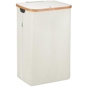 LONBET Laundry Basket with Lid, Made from Breathable Fabric | Aesthetic Clothes Hampers for Laundry with Side Handles & Sturdy Bamboo Frame (26 Gallons - Single, Beige)