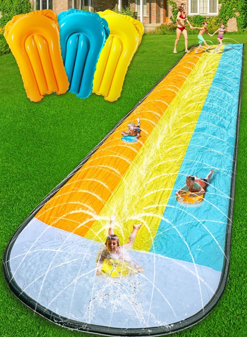 Slip and Water SlipWater Slide for Kids Backyard 22ft*3 Lane Color-Block,Surrounding Sprinkler Summer Toys for Kids Outdoor with 3 Bodyboards (Greenyelloworange)
