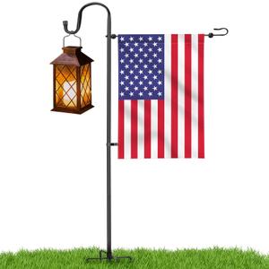 LOPANNY Garden Flag Stand - Upgraded Garden Flag Pole with Shepherd Hooks for 12 x 18" Flag, 45IN Yard Flag Holder Stand for Small Flags(Without Solar Lights & Flag)
