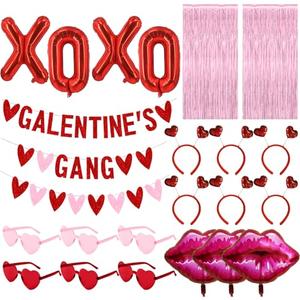 Galentines Day Party Decorations, Galentine’s Day Decor with 1 Galentine’s Gang Banner,6 Heart Glasses (3 Red - 3 Pink),6 Heart Headbands, 3 Kiss Lips and 1 “XOXO” Balloons,2 Pink Curtains Backdrop