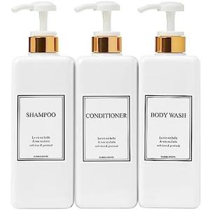HARRA HOME Modern Gold Design Pump Bottle Set 27 oz Refillable Shampoo and Conditioner Dispenser Empty Shower Plastic Bottles with Pump for Bathroom Lotion Body wash Massage Oils, Pack of 3 (White)
