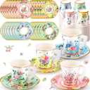 SUMMORO 160 Pcs Floral Paper Tea Cups and Saucers 7 OZ Disposable Paper Tea Cups with Handle and Plates for Tea Party Decoration Birthday Baby Shower Bridal Wedding Mother's Day