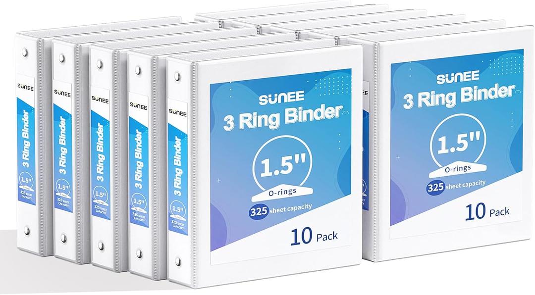 SUNEE 3 Ring Binder 1.5 Inch 10 Pack, Clear View Binder Three Ring PVC-Free (Fit 8.5x11 Inches) for School or Office Supplies, White