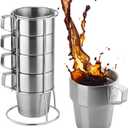 Yummy Sam 4PCS 10oz Stainless Steel Mug Set with Handle, Stackable Camping Coffee Mugs, Insulated 300ml Double Wall Coffee Cups with Rack Cappuccino/Latte Mugs Latte Cup (Silver)