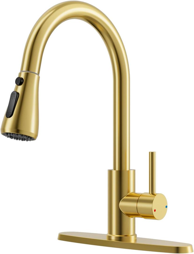 FEELSO Kitchen Faucets with Pull Down Sprayer, High Arc Single Handle Kitchen Sink Faucet, 1 or 3 Hole Brushed Nickel Water Faucets for Farmhouse Laundry Camper Rv Bar (Gold)