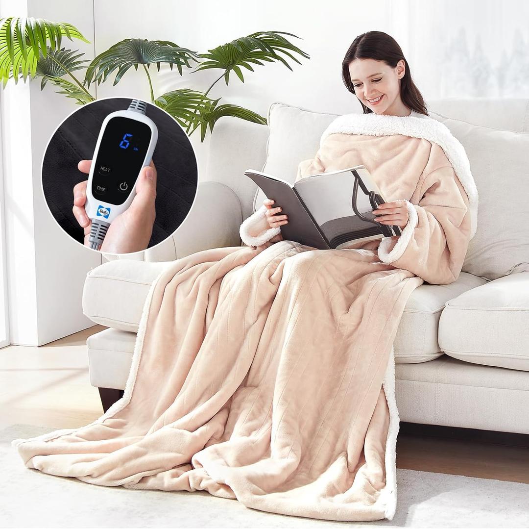 Sealy Electric Blanket Wearable with Foot Pocket, Electric Snuggle Blanket with Sleeves, Flannel & Sherpa Heating Throw with 6 Heat Settings & 2-10 Hours Auto Shut Off, 50 * 70"+18" Beige