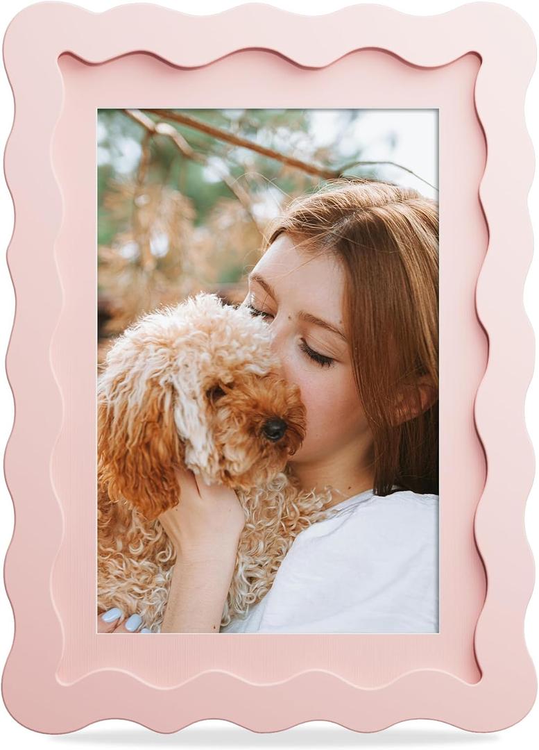 5x7 Picture Frame with Mat for 4x6, Wavy Edge Wooden Real Glass Photo Frame for Tabletop and Wall Hanging, Blue, 1 Pack